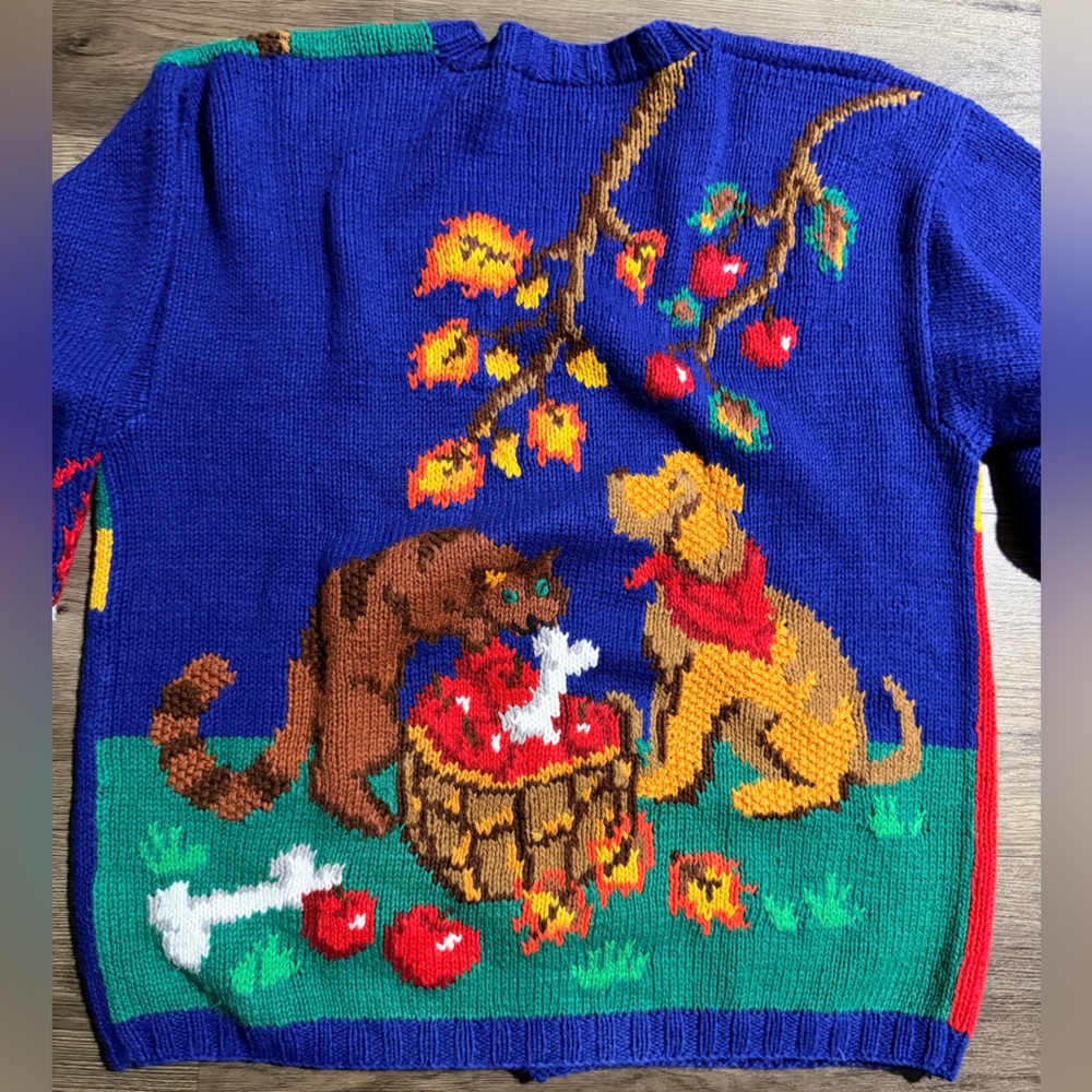 Vintage Alexandra Bartlett Multicolor Knit Sweater cats and dogs apples rare L